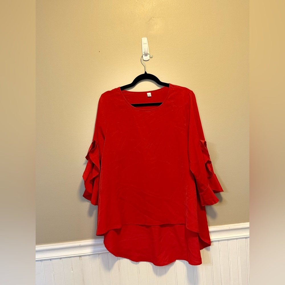 Vibrant Red 3/4 Sleeve Ruffled Blouse